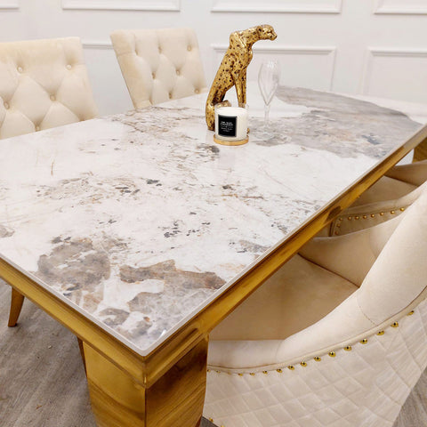1.8 Louis Gold Marble Dining Set with Bentley Gold Chairs