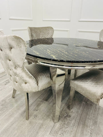 Louis Chrome Marble Round Dining Set with Chelsea Chairs