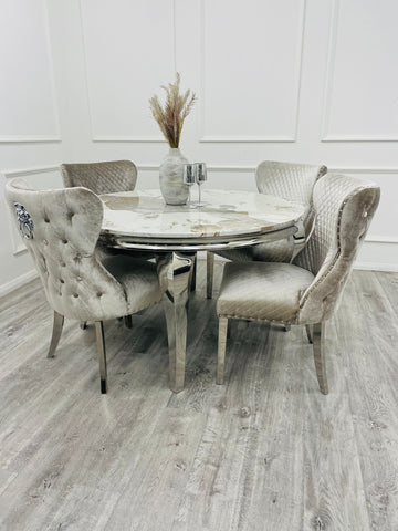 Louis Chrome Marble Round Dining Set with Chelsea Chairs