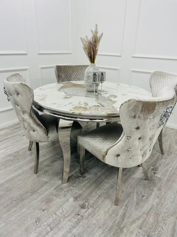 Louis Chrome Marble Round Dining Set with Chelsea Chairs