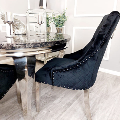Louis Chrome Marble Round Dining Set with Black Bentley Chairs
