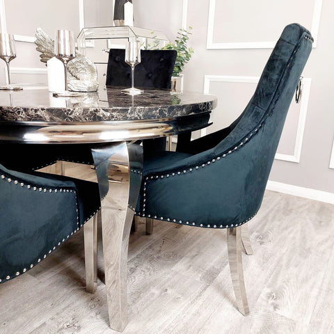 Louis Chrome Marble Round Dining Set with Black Duke Chairs