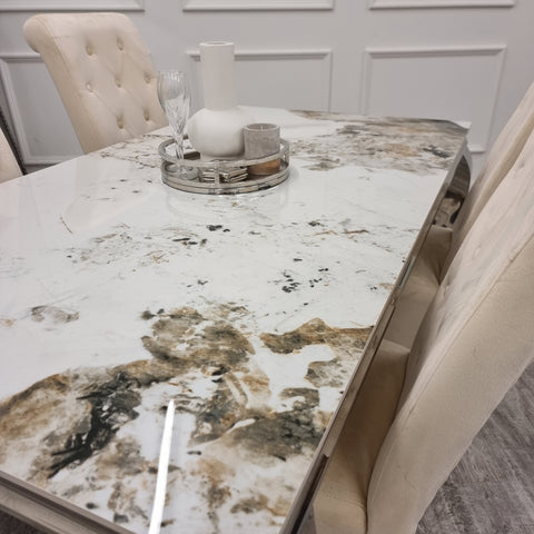 Louis Chrome Marble Dining Set with Emma Cream Chairs