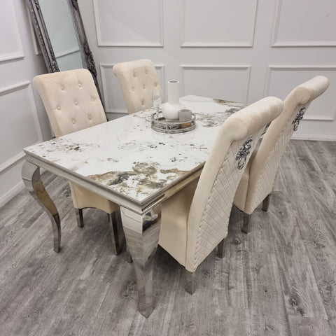 Louis Chrome Marble Dining Set with Emma Cream Chairs