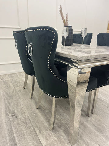Louis Chrome Marble Dining Set with Megan Black Chairs
