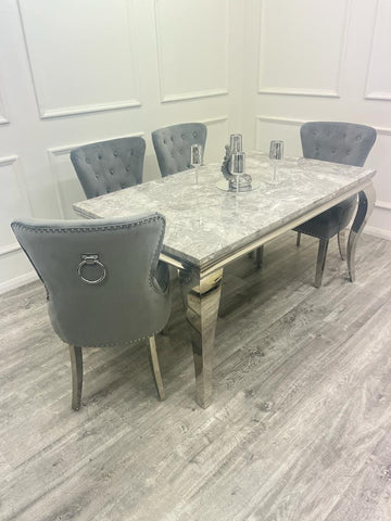 Louis Chrome Marble Dining Set with Megan Black Chairs
