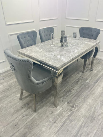 Louis Chrome Marble Dining Set with Megan Black Chairs