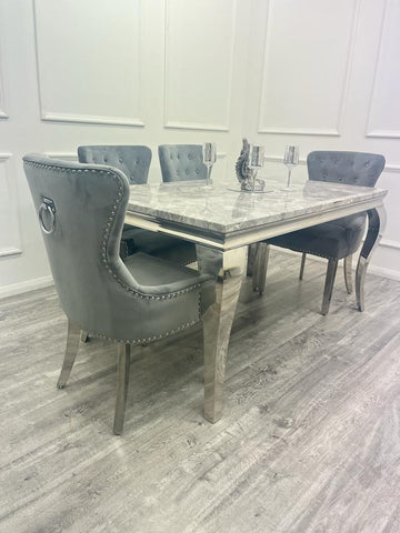 Louis Chrome Marble Dining Set with Megan Black Chairs