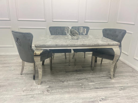 Louis Chrome Marble Dining Set with Megan Black Chairs