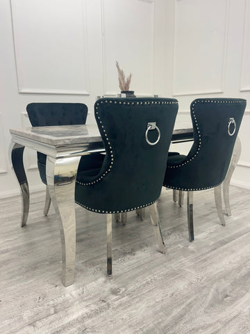 Louis Chrome Marble Dining Set with Megan Black Chairs
