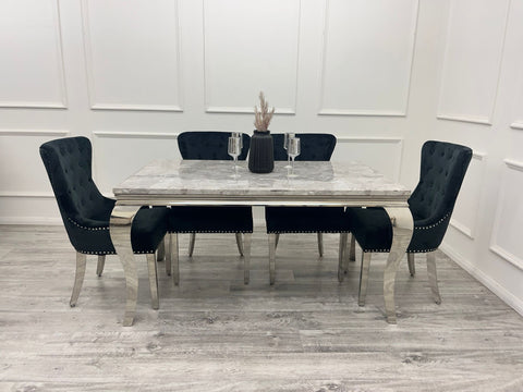Louis Chrome Marble Dining Set with Megan Black Chairs