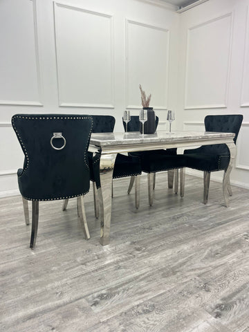 Louis Chrome Marble Dining Set with Megan Black Chairs