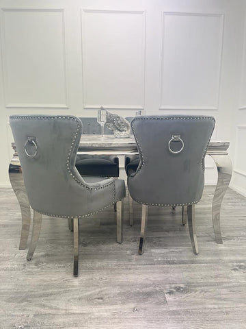 Louis Chrome Marble Dining Set with Megan Black Chairs