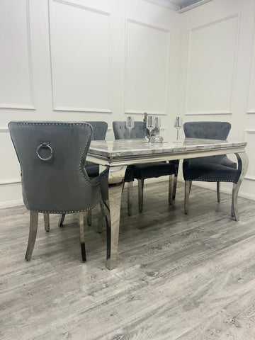 Louis Chrome Marble Dining Set with Megan Black Chairs