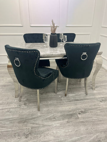 Louis Chrome Marble Dining Set with Megan Black Chairs