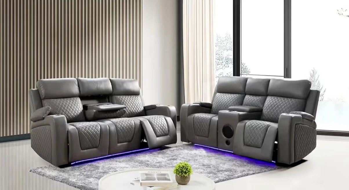 GD Grey Leather Electric Recliner Sofa 3 & 2 Seaters