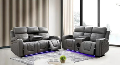 GD Grey Leather Electric Recliner Sofa 3 & 2 Seaters