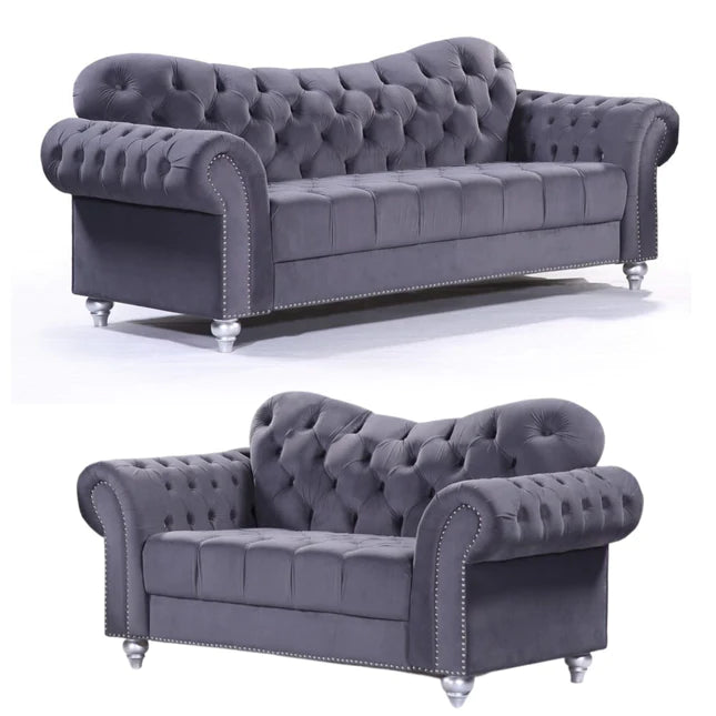 Valetta 3 Seater & 2 Seater Sofa Set In Dark Grey Plush Velvet