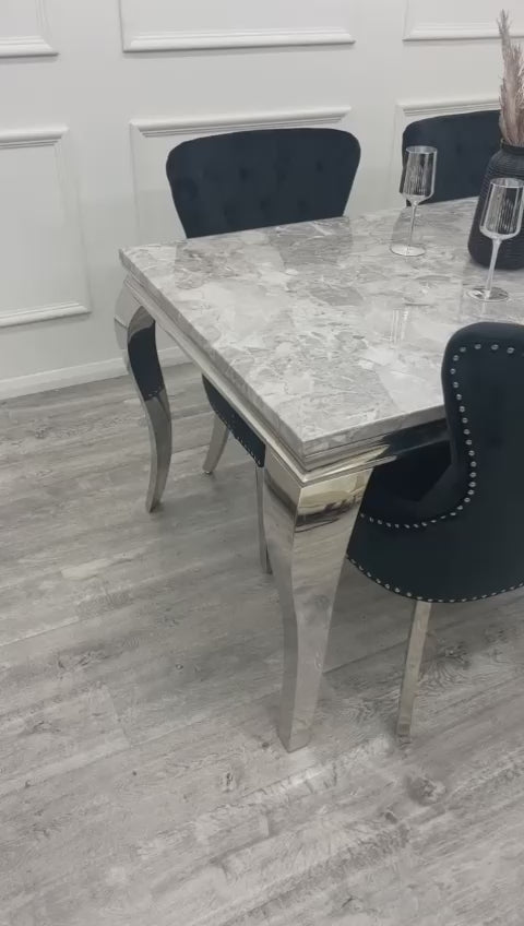 Louis Chrome Marble Dining Set with Megan Black Chairs