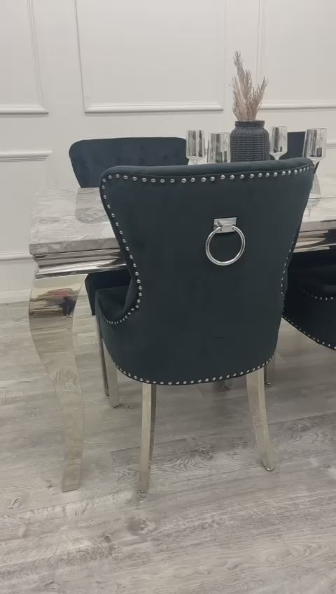Louis Chrome Marble Dining Set with Megan Black Chairs