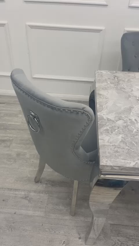 Louis Chrome Marble Dining Set with Megan Black Chairs
